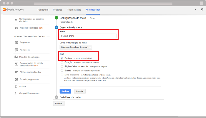 Google Analytics configurar meta